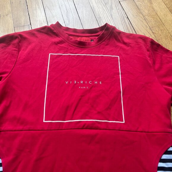 Vie Riche Paris Size S Red with Black & White Stripes Pocket Streetwear T-Shirt - Picture 4 of 13